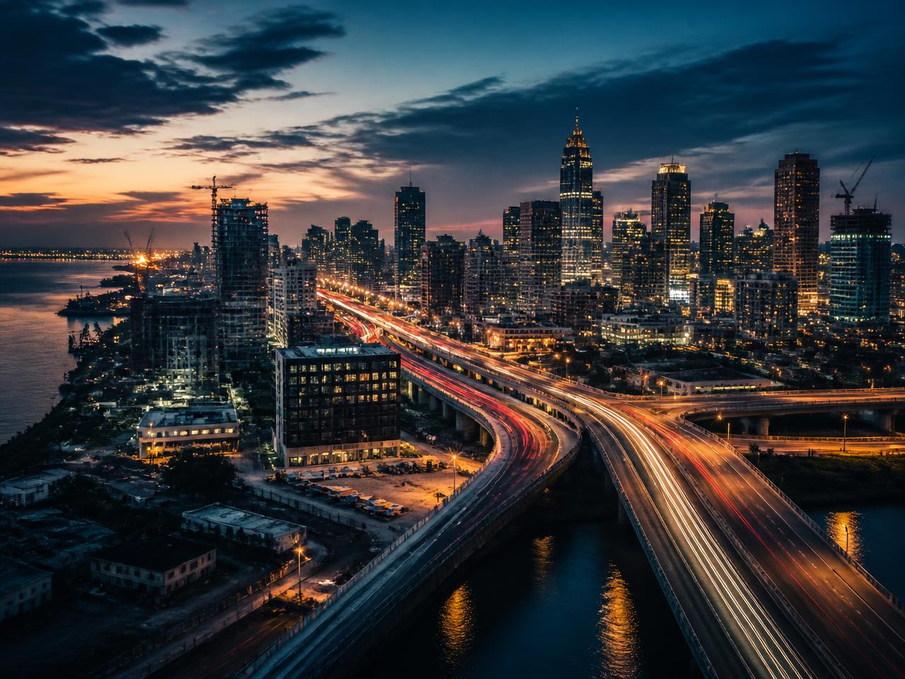 Modern African city skyline at dusk with highways and construction cranes